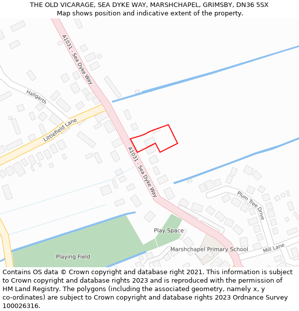 THE OLD VICARAGE, SEA DYKE WAY, MARSHCHAPEL, GRIMSBY, DN36 5SX: Location map and indicative extent of plot