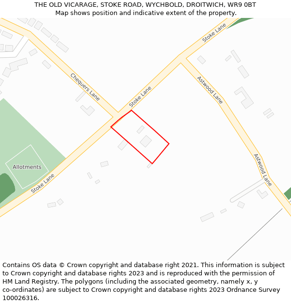 THE OLD VICARAGE, STOKE ROAD, WYCHBOLD, DROITWICH, WR9 0BT: Location map and indicative extent of plot
