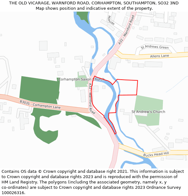 THE OLD VICARAGE, WARNFORD ROAD, CORHAMPTON, SOUTHAMPTON, SO32 3ND: Location map and indicative extent of plot