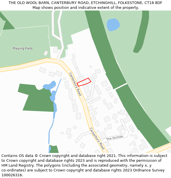 THE OLD WOOL BARN, CANTERBURY ROAD, ETCHINGHILL, FOLKESTONE, CT18 8DF: Location map and indicative extent of plot
