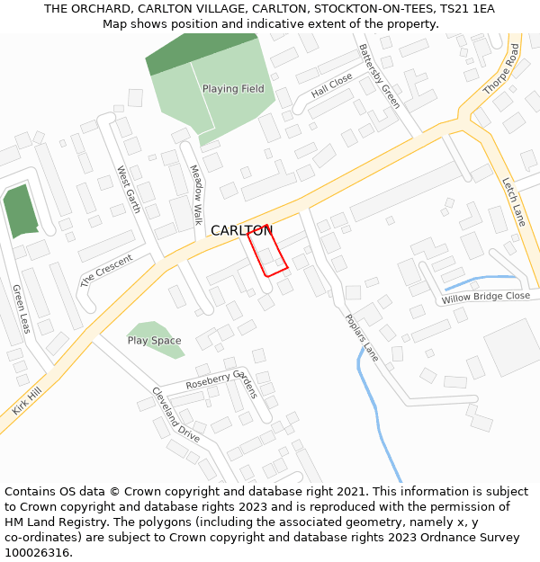 THE ORCHARD, CARLTON VILLAGE, CARLTON, STOCKTON-ON-TEES, TS21 1EA: Location map and indicative extent of plot