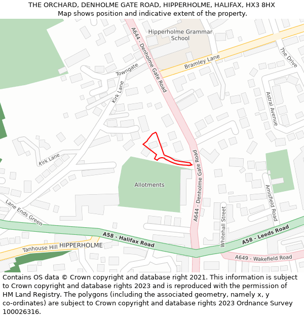 THE ORCHARD, DENHOLME GATE ROAD, HIPPERHOLME, HALIFAX, HX3 8HX: Location map and indicative extent of plot