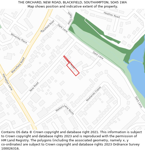 THE ORCHARD, NEW ROAD, BLACKFIELD, SOUTHAMPTON, SO45 1WA: Location map and indicative extent of plot