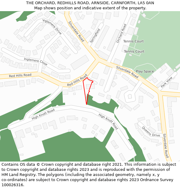 THE ORCHARD, REDHILLS ROAD, ARNSIDE, CARNFORTH, LA5 0AN: Location map and indicative extent of plot