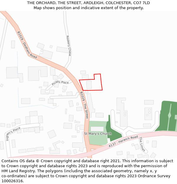 THE ORCHARD, THE STREET, ARDLEIGH, COLCHESTER, CO7 7LD: Location map and indicative extent of plot