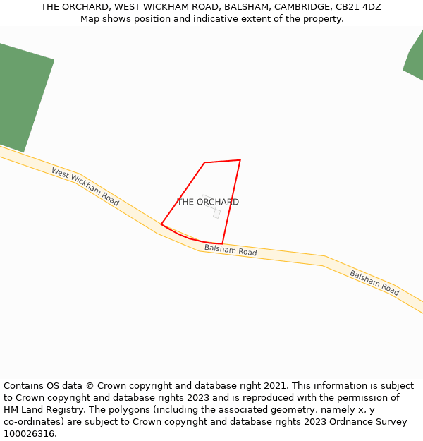 THE ORCHARD, WEST WICKHAM ROAD, BALSHAM, CAMBRIDGE, CB21 4DZ: Location map and indicative extent of plot