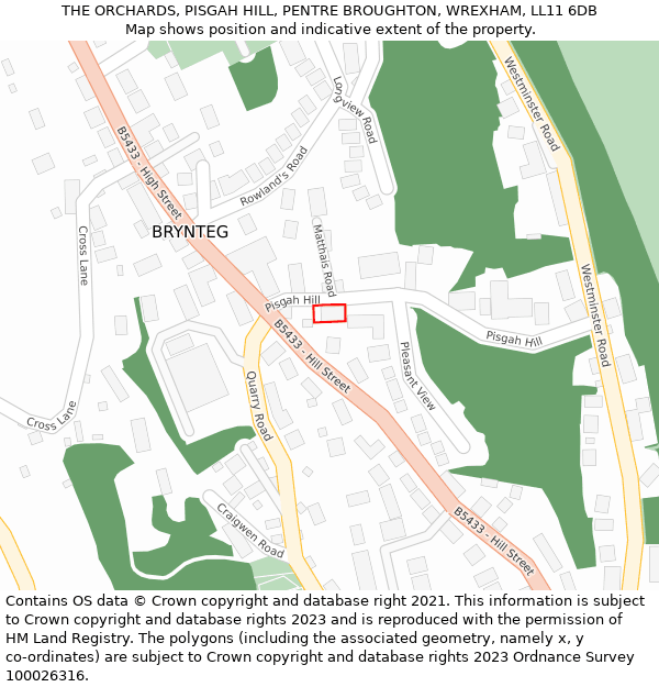 THE ORCHARDS, PISGAH HILL, PENTRE BROUGHTON, WREXHAM, LL11 6DB: Location map and indicative extent of plot