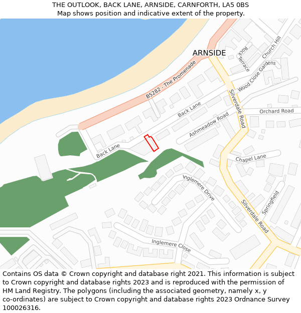 THE OUTLOOK, BACK LANE, ARNSIDE, CARNFORTH, LA5 0BS: Location map and indicative extent of plot