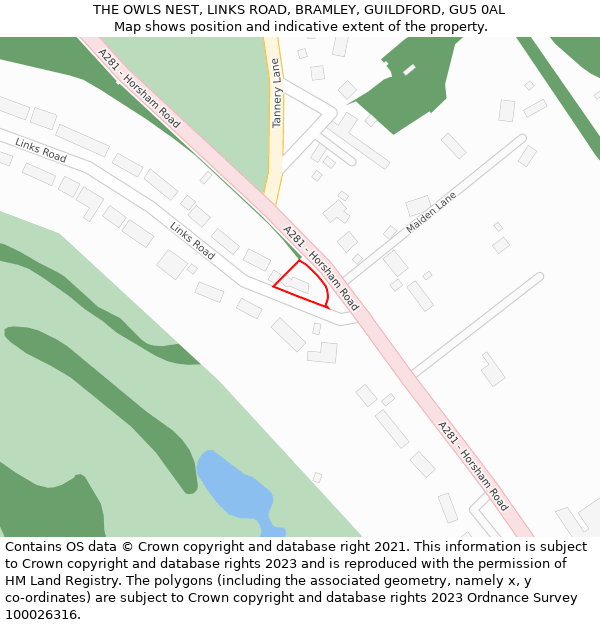 THE OWLS NEST, LINKS ROAD, BRAMLEY, GUILDFORD, GU5 0AL: Location map and indicative extent of plot