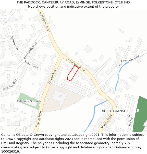 THE PADDOCK, CANTERBURY ROAD, LYMINGE, FOLKESTONE, CT18 8HX: Location map and indicative extent of plot