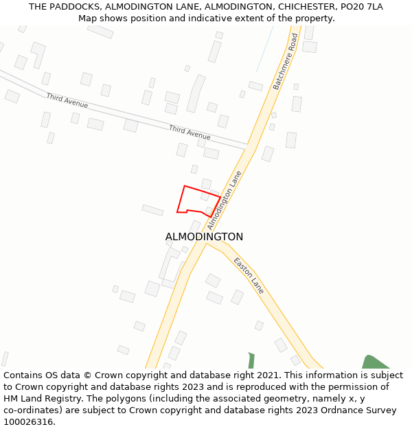 THE PADDOCKS, ALMODINGTON LANE, ALMODINGTON, CHICHESTER, PO20 7LA: Location map and indicative extent of plot