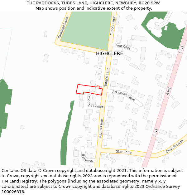 THE PADDOCKS, TUBBS LANE, HIGHCLERE, NEWBURY, RG20 9PW: Location map and indicative extent of plot