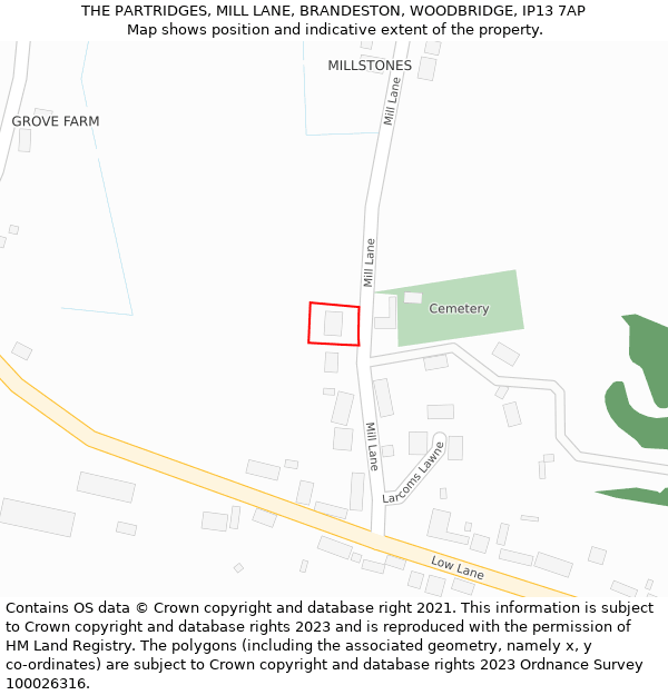 THE PARTRIDGES, MILL LANE, BRANDESTON, WOODBRIDGE, IP13 7AP: Location map and indicative extent of plot