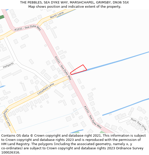 THE PEBBLES, SEA DYKE WAY, MARSHCHAPEL, GRIMSBY, DN36 5SX: Location map and indicative extent of plot