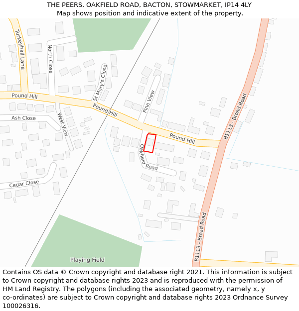 THE PEERS, OAKFIELD ROAD, BACTON, STOWMARKET, IP14 4LY: Location map and indicative extent of plot