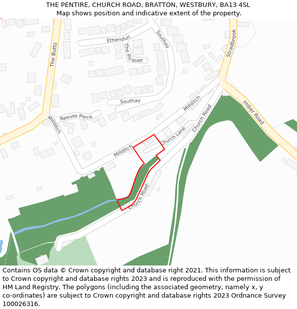 THE PENTIRE, CHURCH ROAD, BRATTON, WESTBURY, BA13 4SL: Location map and indicative extent of plot