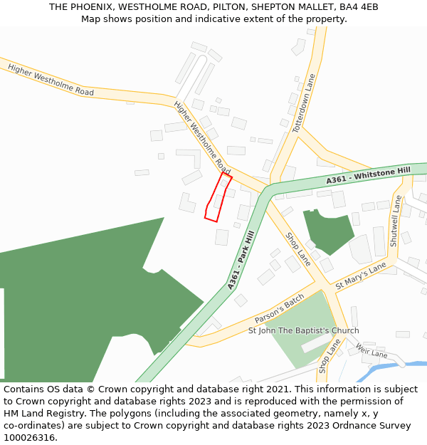 THE PHOENIX, WESTHOLME ROAD, PILTON, SHEPTON MALLET, BA4 4EB: Location map and indicative extent of plot