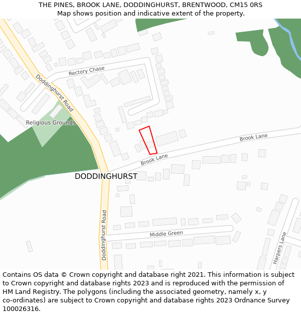 THE PINES, BROOK LANE, DODDINGHURST, BRENTWOOD, CM15 0RS: Location map and indicative extent of plot