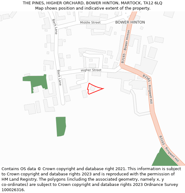 THE PINES, HIGHER ORCHARD, BOWER HINTON, MARTOCK, TA12 6LQ: Location map and indicative extent of plot