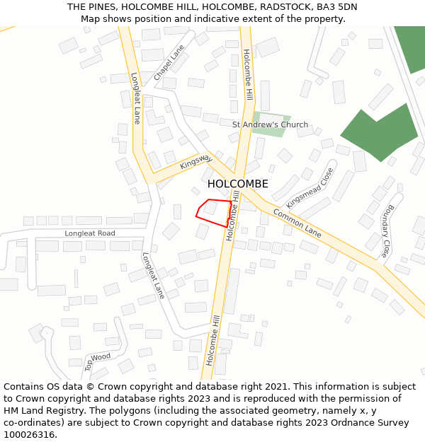 THE PINES, HOLCOMBE HILL, HOLCOMBE, RADSTOCK, BA3 5DN: Location map and indicative extent of plot
