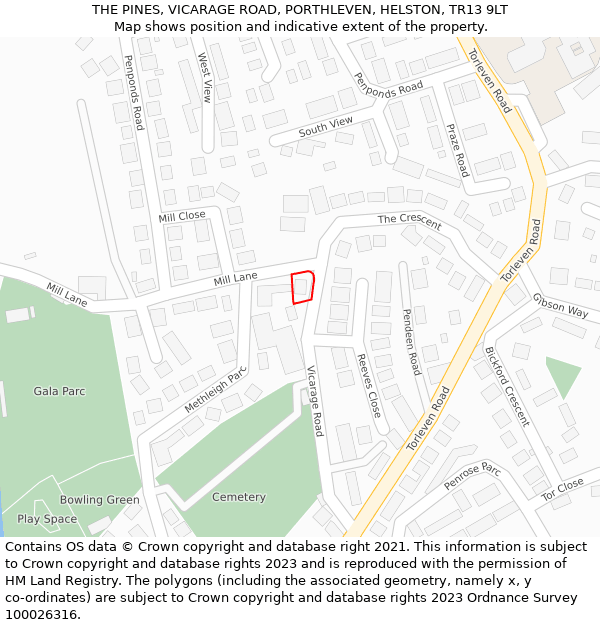 THE PINES, VICARAGE ROAD, PORTHLEVEN, HELSTON, TR13 9LT: Location map and indicative extent of plot