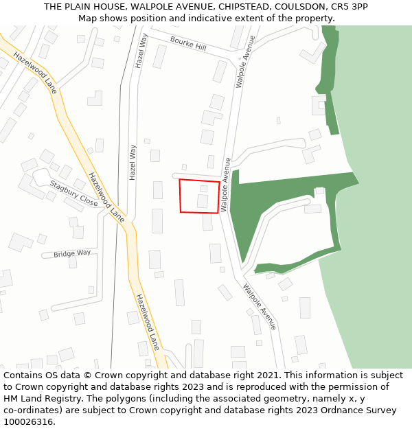 THE PLAIN HOUSE, WALPOLE AVENUE, CHIPSTEAD, COULSDON, CR5 3PP: Location map and indicative extent of plot