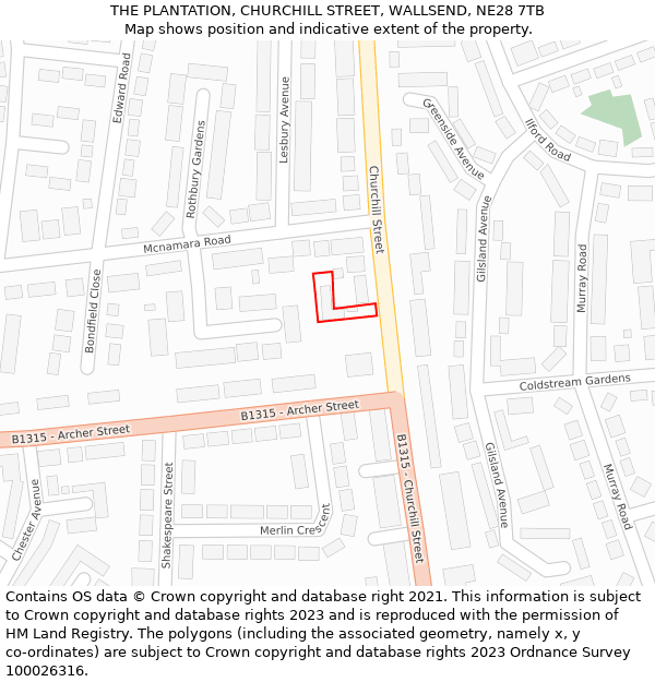 THE PLANTATION, CHURCHILL STREET, WALLSEND, NE28 7TB: Location map and indicative extent of plot