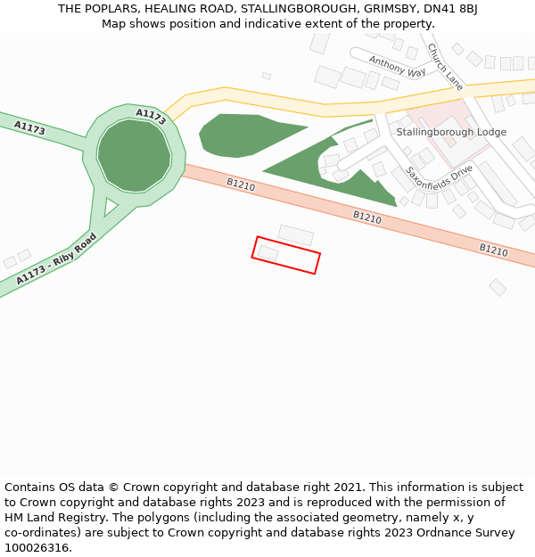 THE POPLARS, HEALING ROAD, STALLINGBOROUGH, GRIMSBY, DN41 8BJ: Location map and indicative extent of plot