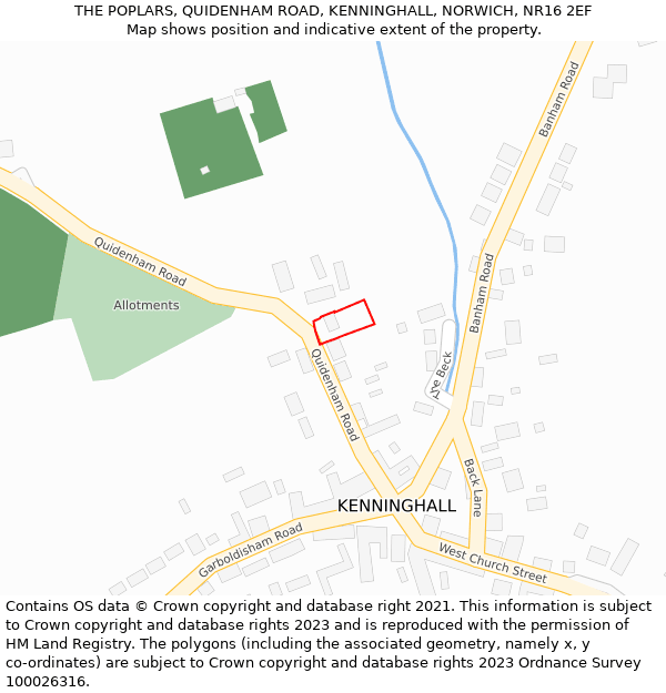 THE POPLARS, QUIDENHAM ROAD, KENNINGHALL, NORWICH, NR16 2EF: Location map and indicative extent of plot