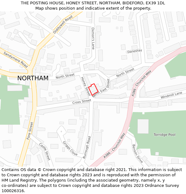 THE POSTING HOUSE, HONEY STREET, NORTHAM, BIDEFORD, EX39 1DL: Location map and indicative extent of plot