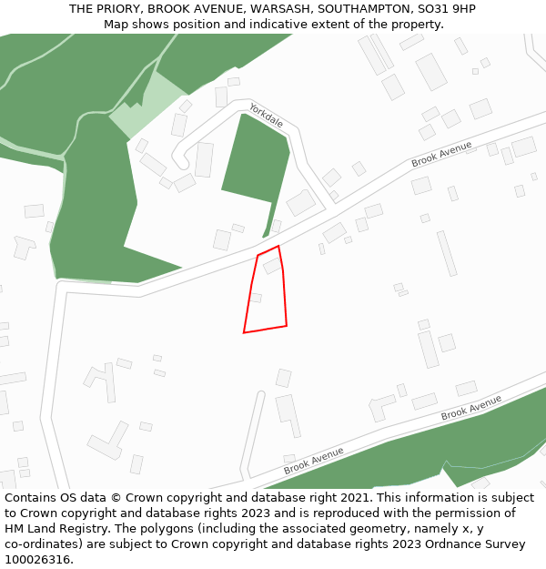 THE PRIORY, BROOK AVENUE, WARSASH, SOUTHAMPTON, SO31 9HP: Location map and indicative extent of plot