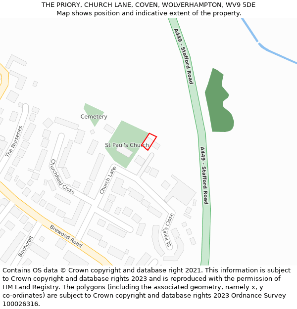 THE PRIORY, CHURCH LANE, COVEN, WOLVERHAMPTON, WV9 5DE: Location map and indicative extent of plot
