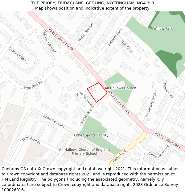 THE PRIORY, FRIDAY LANE, GEDLING, NOTTINGHAM, NG4 3LB: Location map and indicative extent of plot