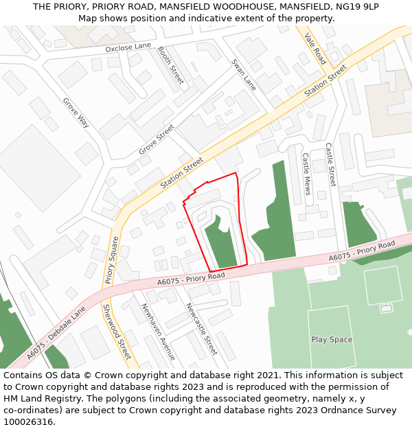 THE PRIORY, PRIORY ROAD, MANSFIELD WOODHOUSE, MANSFIELD, NG19 9LP: Location map and indicative extent of plot