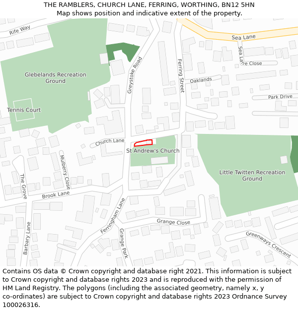 THE RAMBLERS, CHURCH LANE, FERRING, WORTHING, BN12 5HN: Location map and indicative extent of plot