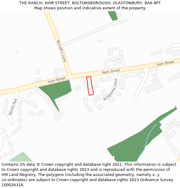 THE RANCH, HAM STREET, BALTONSBOROUGH, GLASTONBURY, BA6 8PT: Location map and indicative extent of plot