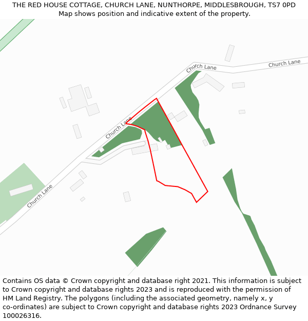 THE RED HOUSE COTTAGE, CHURCH LANE, NUNTHORPE, MIDDLESBROUGH, TS7 0PD: Location map and indicative extent of plot