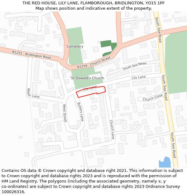 THE RED HOUSE, LILY LANE, FLAMBOROUGH, BRIDLINGTON, YO15 1PF: Location map and indicative extent of plot