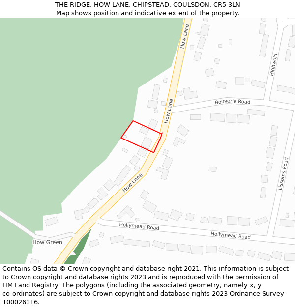 THE RIDGE, HOW LANE, CHIPSTEAD, COULSDON, CR5 3LN: Location map and indicative extent of plot