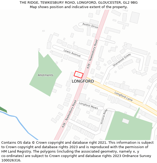 THE RIDGE, TEWKESBURY ROAD, LONGFORD, GLOUCESTER, GL2 9BG: Location map and indicative extent of plot