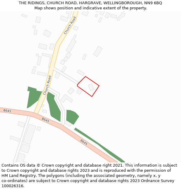 THE RIDINGS, CHURCH ROAD, HARGRAVE, WELLINGBOROUGH, NN9 6BQ: Location map and indicative extent of plot