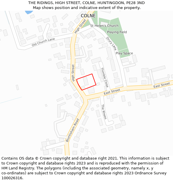 THE RIDINGS, HIGH STREET, COLNE, HUNTINGDON, PE28 3ND: Location map and indicative extent of plot
