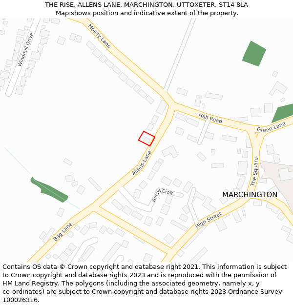 THE RISE, ALLENS LANE, MARCHINGTON, UTTOXETER, ST14 8LA: Location map and indicative extent of plot