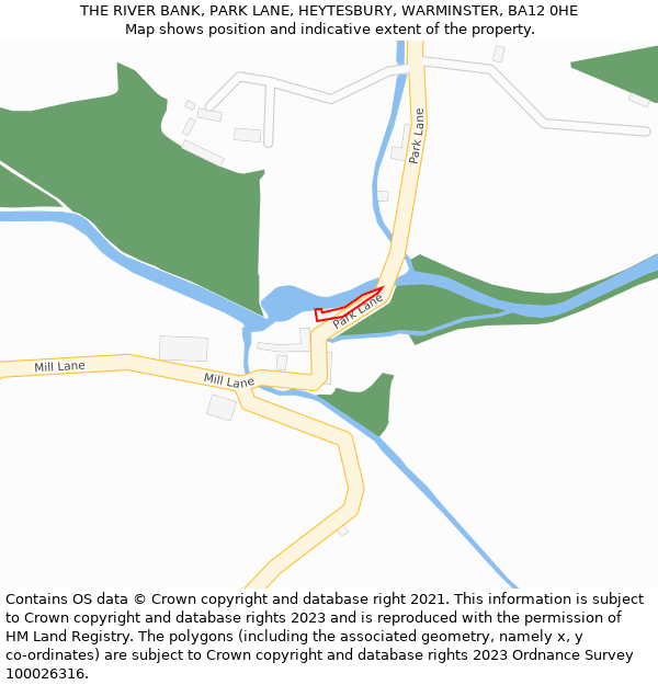 THE RIVER BANK, PARK LANE, HEYTESBURY, WARMINSTER, BA12 0HE: Location map and indicative extent of plot