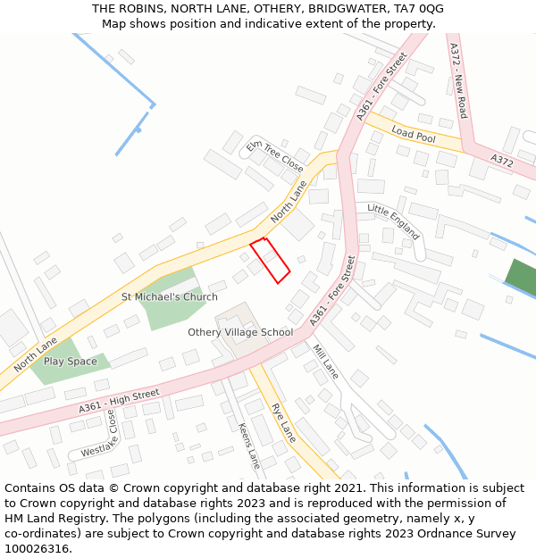 THE ROBINS, NORTH LANE, OTHERY, BRIDGWATER, TA7 0QG: Location map and indicative extent of plot