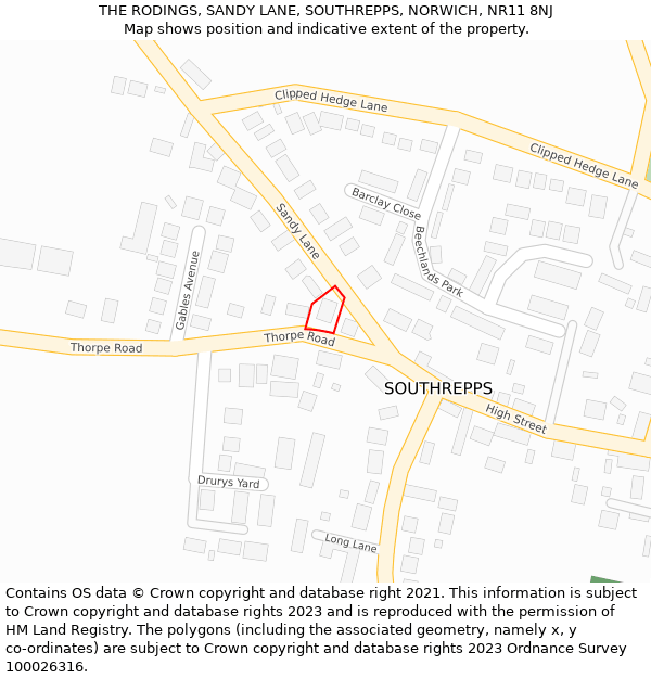 THE RODINGS, SANDY LANE, SOUTHREPPS, NORWICH, NR11 8NJ: Location map and indicative extent of plot