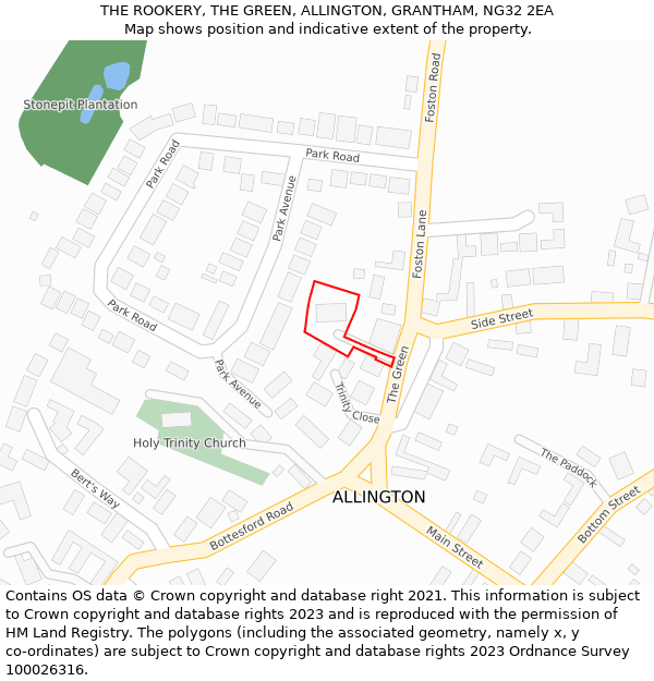 THE ROOKERY, THE GREEN, ALLINGTON, GRANTHAM, NG32 2EA: Location map and indicative extent of plot