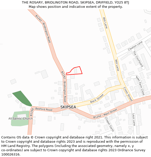 THE ROSARY, BRIDLINGTON ROAD, SKIPSEA, DRIFFIELD, YO25 8TJ: Location map and indicative extent of plot
