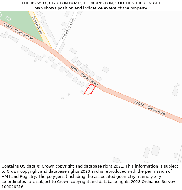 THE ROSARY, CLACTON ROAD, THORRINGTON, COLCHESTER, CO7 8ET: Location map and indicative extent of plot