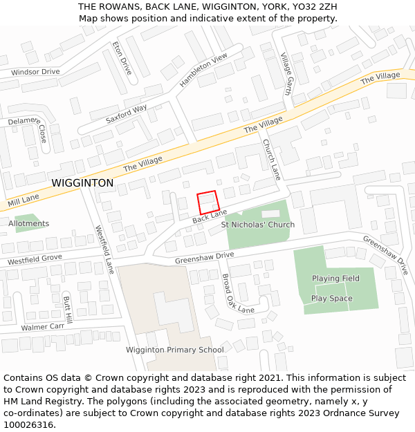 THE ROWANS, BACK LANE, WIGGINTON, YORK, YO32 2ZH: Location map and indicative extent of plot